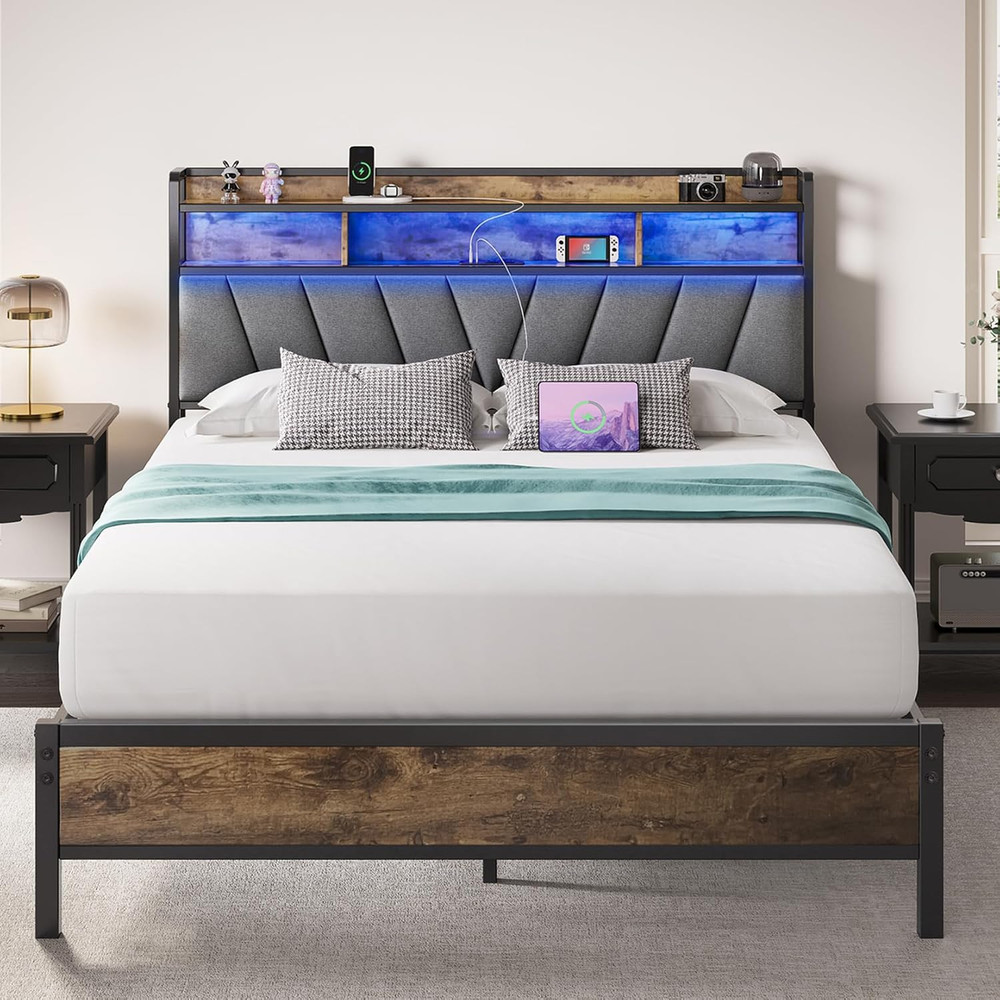 Queen Bed Frames with Headboard, LED Lights Queen Size Bed Frame with Charging S