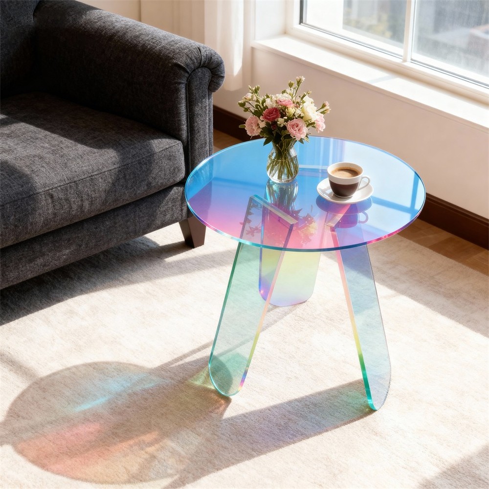 Round Iridescent Rainbow Coffee Table Acrylic Sofa Side End Table Triangle Legs