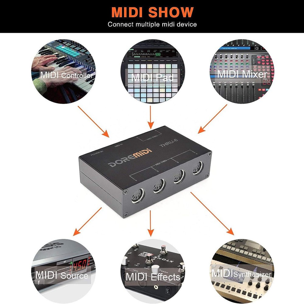 DOREMIDI THRU-6 MIDI Box 16 Channels 6 Output 1 Input 5 Pin MIDI Interface