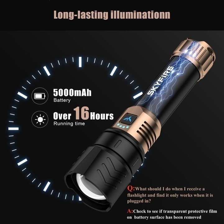 SKYFIRE Rechargeable Flashlight High Lumens, LED Flashlight with Ignition Len...