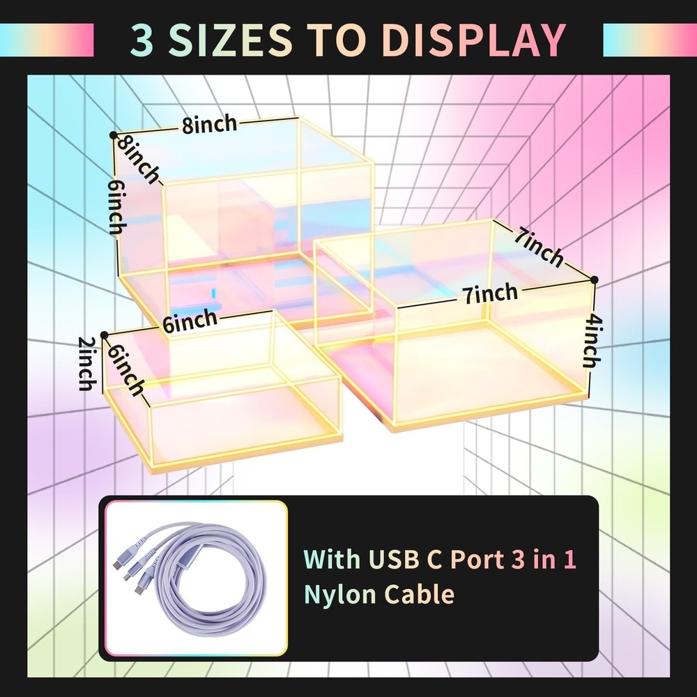 3Pcs Iridescent Acrylic Display Risers with light Plug and Play, Lighted Stac...