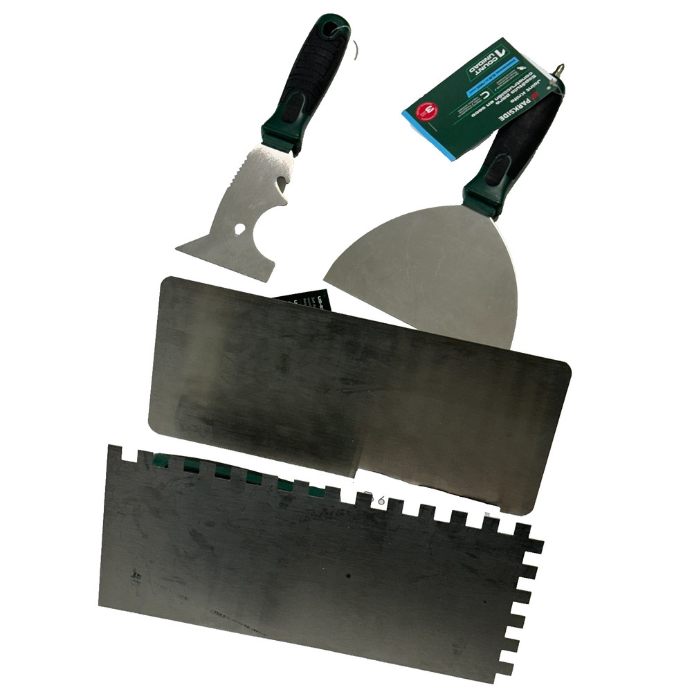 Parkside 4pc Trowel & Scraper Set - Joint Knife, Multi-Tool & Serrated Trowels