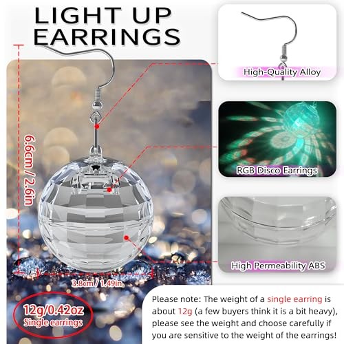 Disco Ball Earrings 16 Light Modes Rechargeable Light up Multi-colored Ball