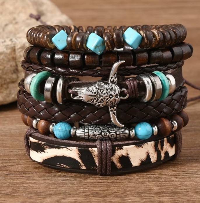 6 PC Leather Western Punk Bracelet Stackable Adjustable Tie New Free Ship C111