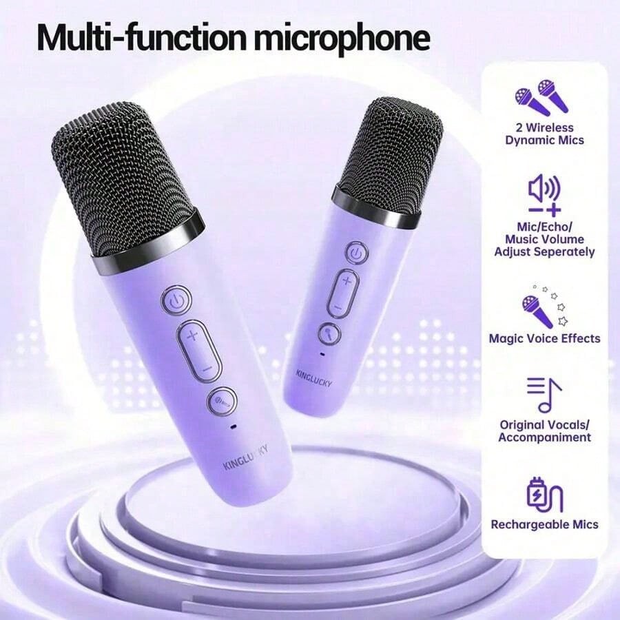 2-Mic Mini Karaoke Machine, Portable Wireless Microphone Speaker With LED Lights