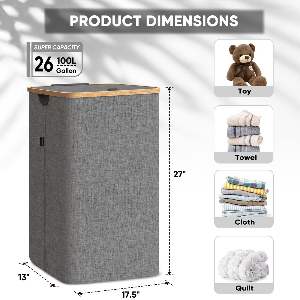 BALEINE Laundry Hamper with Lid, Tall Laundry Baskets with Bamboo Pull Handle...