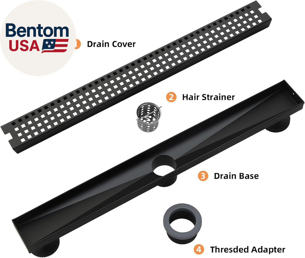 12 Inch Linear Shower Drain - Matte Black 304 Stainless Steel Rectangular Floor