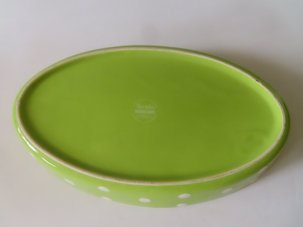 Spode "Baking Days" Green Oval Baker w White Polka Dots
