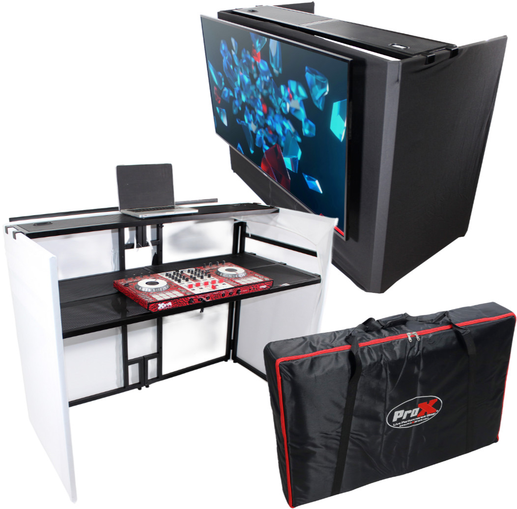 ProX XF-MESA MEDIA Portable DJ Facade Table Station with TV Mount, Scrims & Bag