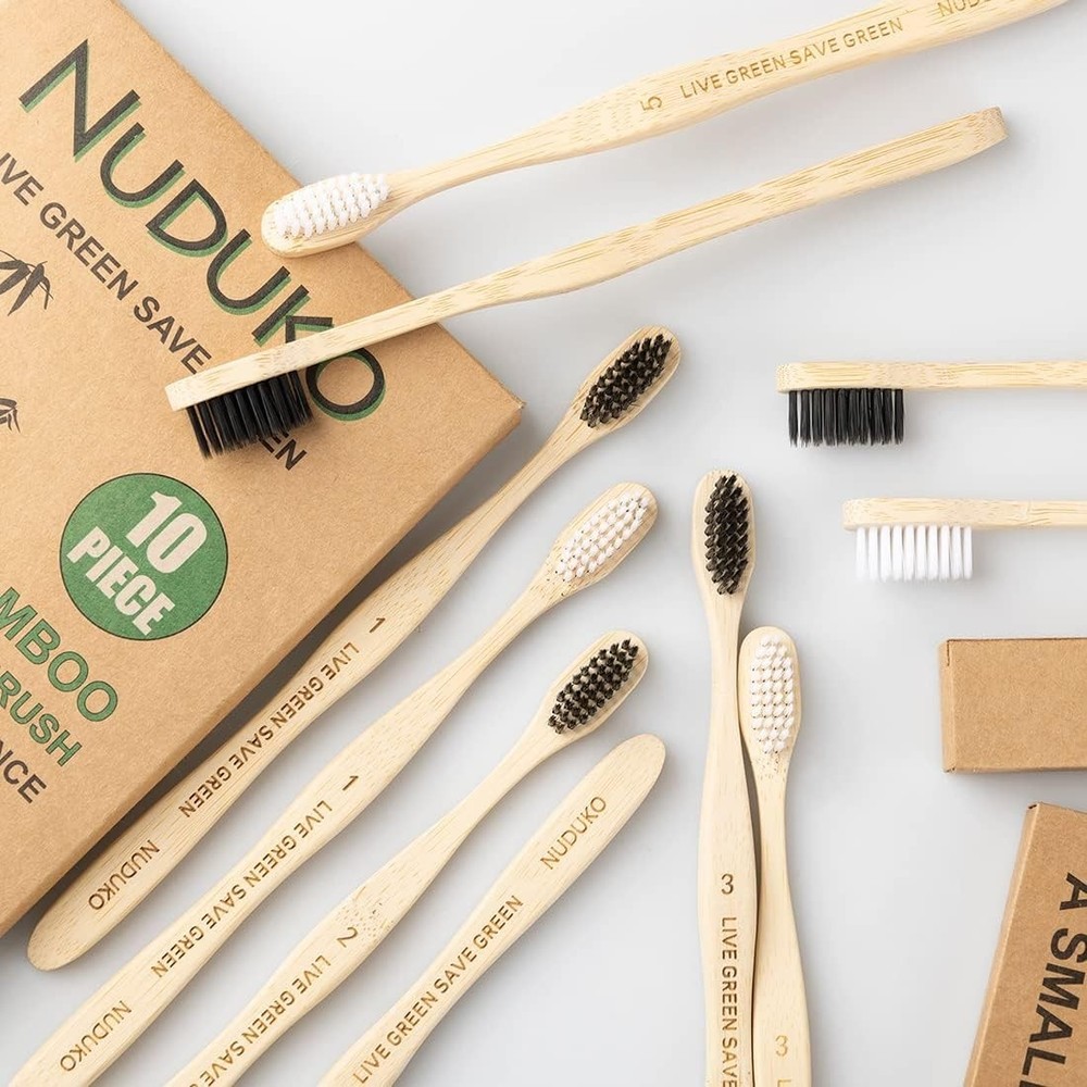 10 Pack Bamboo Toothbrushes - Soft Charcoal Bristles, Eco-Friendly & Biodegra...