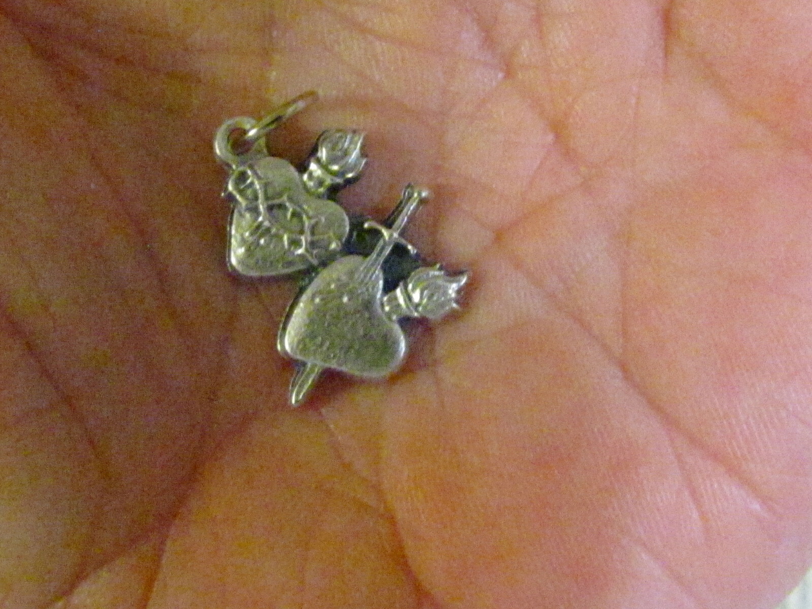 Sacred Immaculate Heart of Jesus Mary double Medal charm pendant Silver Tone