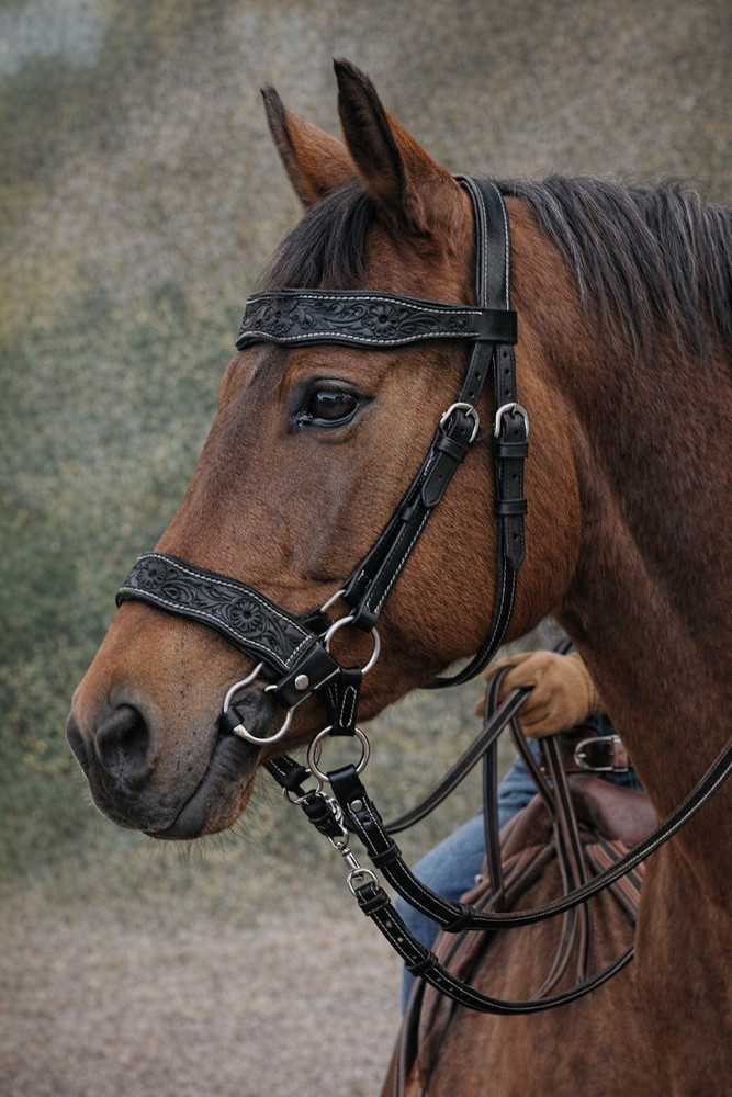 Leather Floral Bitless Sidepull Bridle Split Reins 77RS28BK