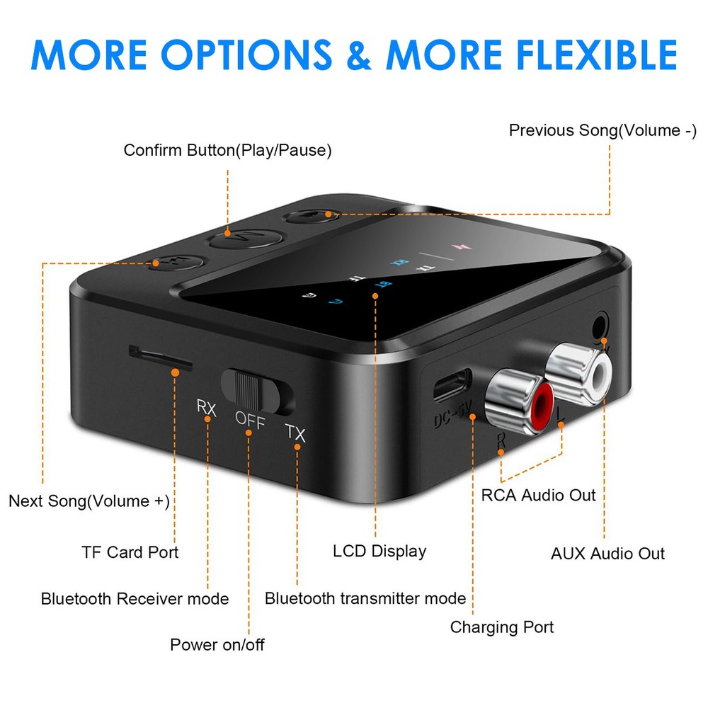 Bluetooth 5.4 Stereo Audio Receiver Transmitter AUX USB Music to RCA Adapter