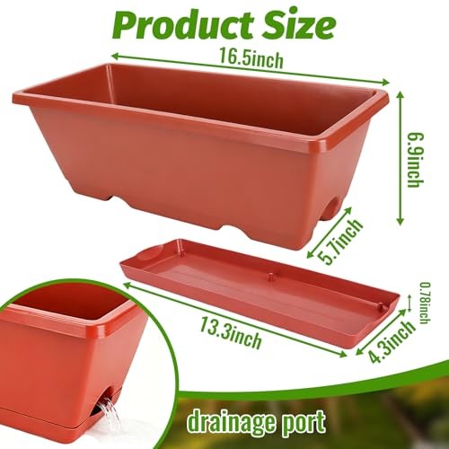 7 Pack Window Box Planters, 17 Inch Plastic Rectangular Flower Pots Brick-red