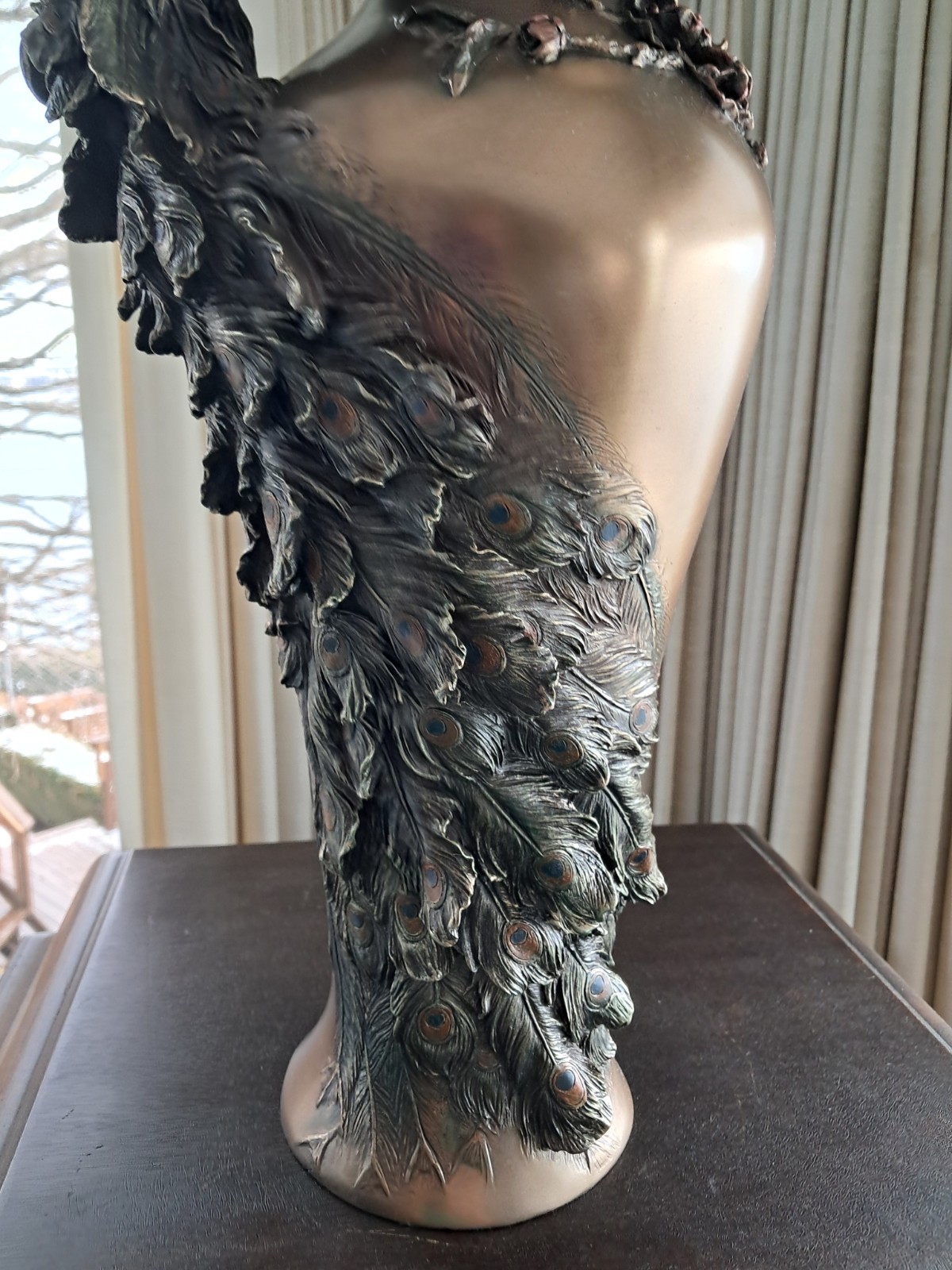 Bronze Style Prunus And Peacock Large Decorative Flower Vase ~ 19.5" Signed