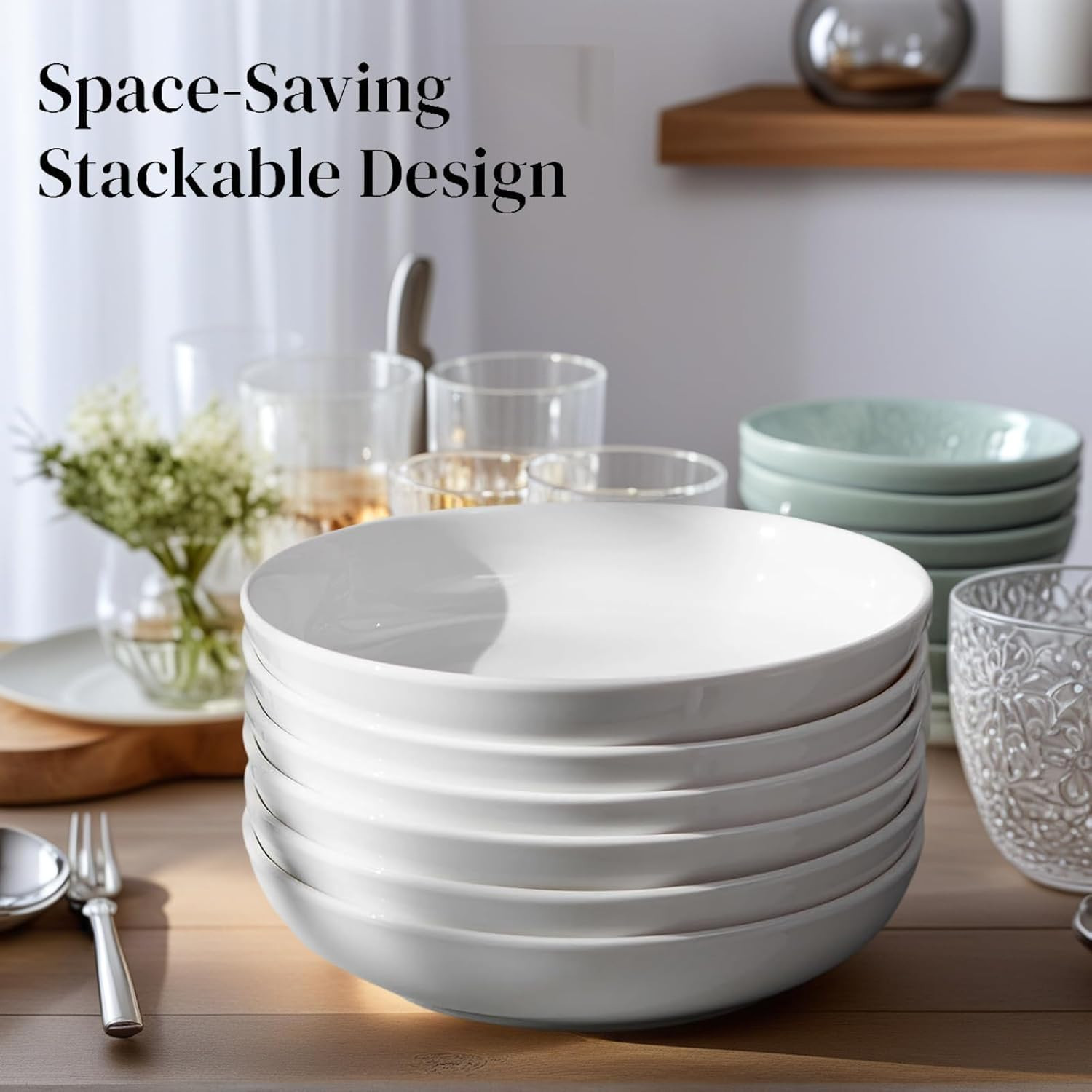 7 Pack Porcelain Pasta Bowls Ceramic , Large Serving Bowl, Wide and Shallow, Set