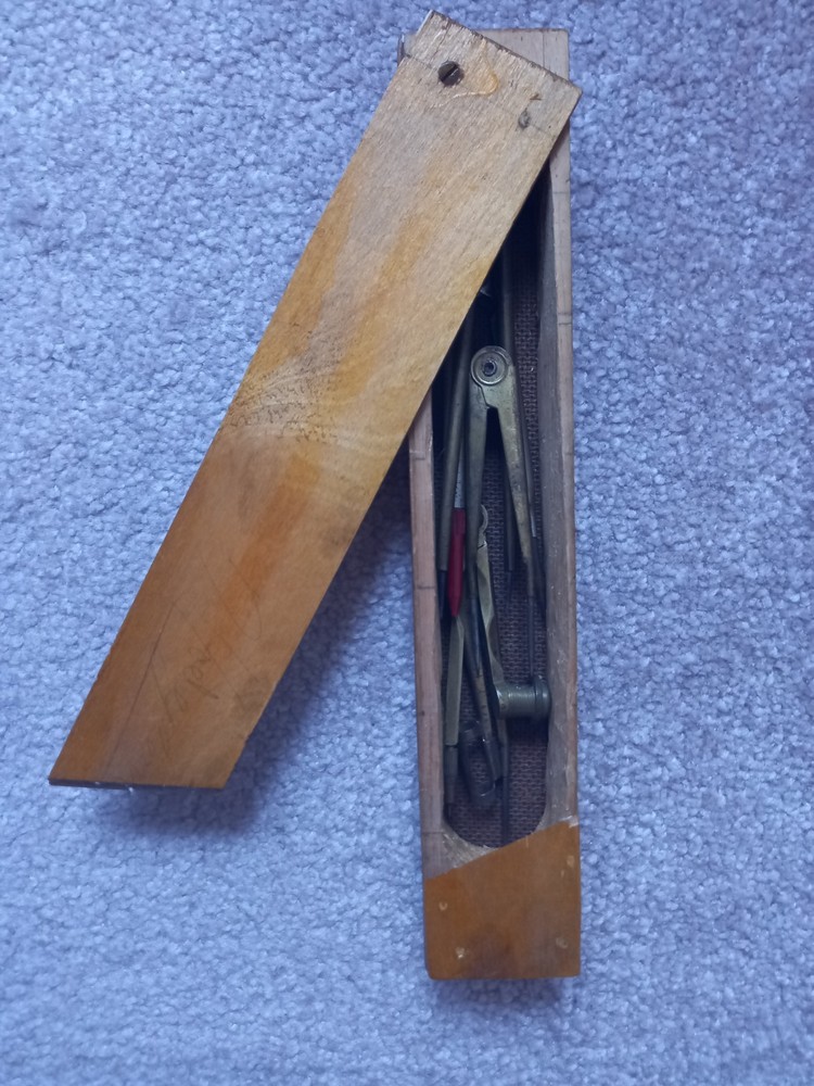 Assorted Vintage Technical Drawing Instruments in Wooden Box