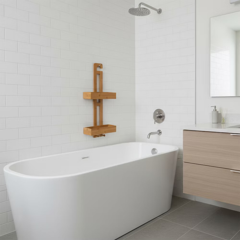 Bathroom Multi-function Natural Bamboo Storage Rack Over Shower Head Organizer,