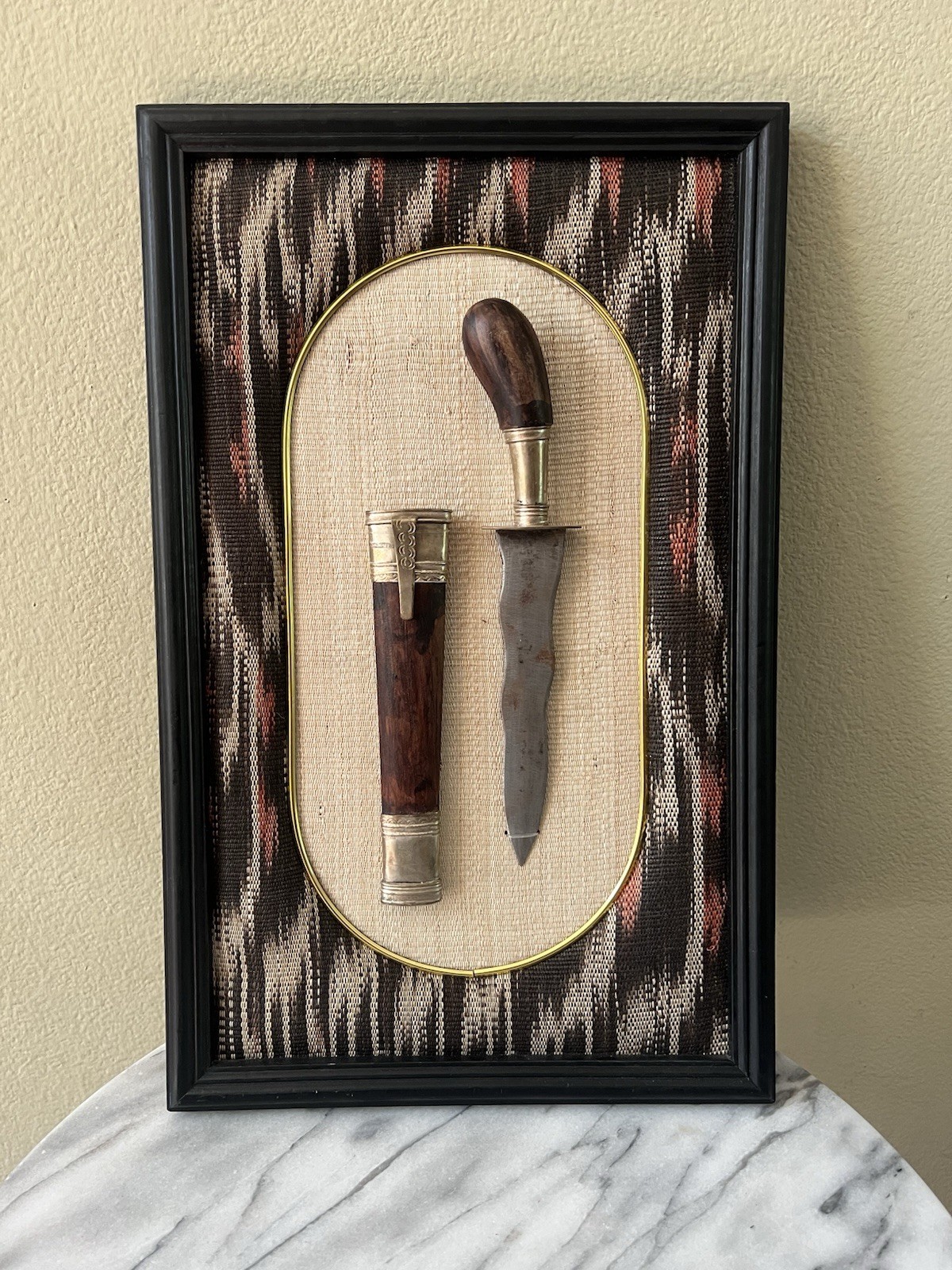 Antique Philippine Moro Islamic Gunong Punal Dagger, mounted and framed