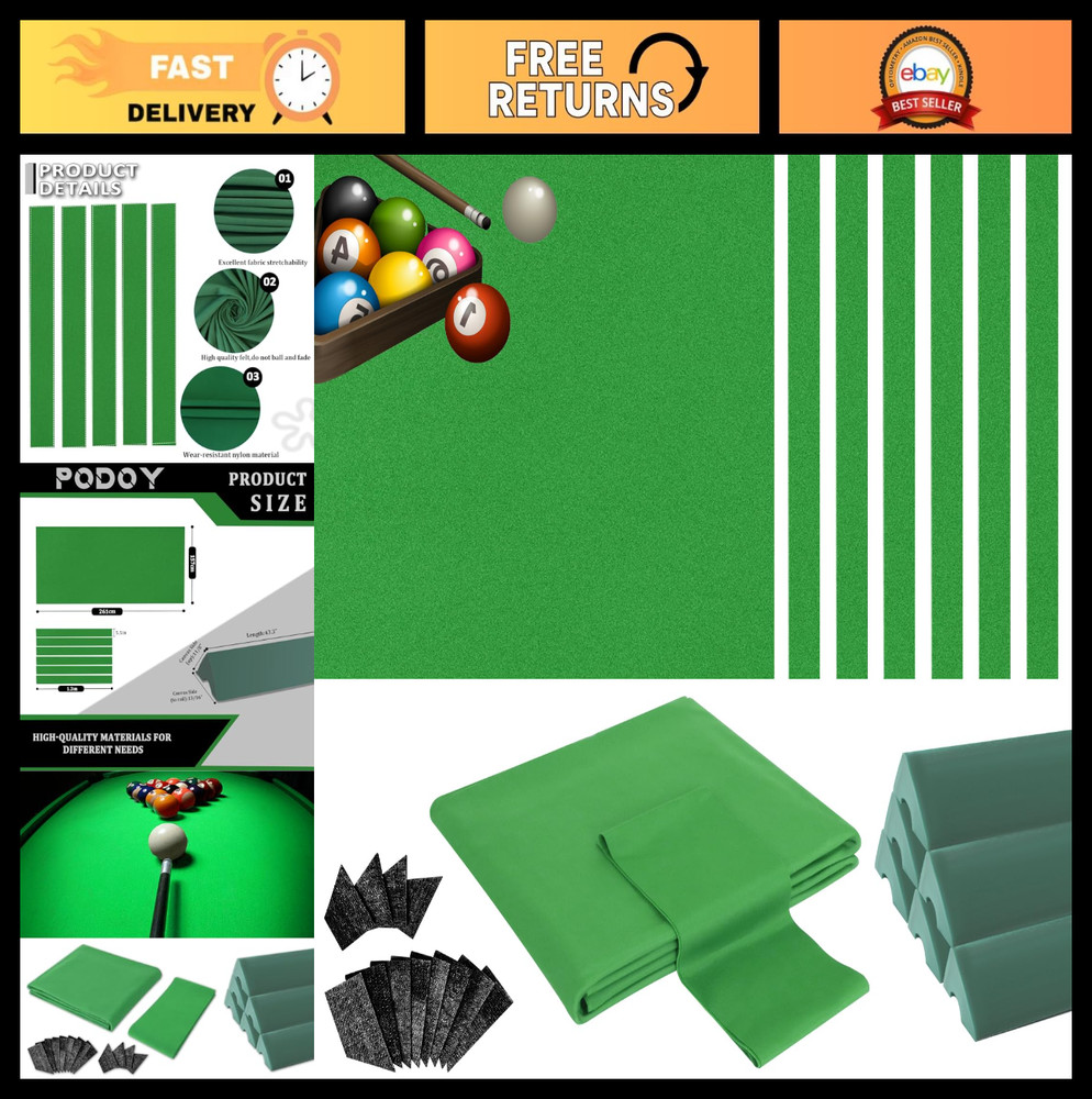 8ft Pool Table Replacement Kit - Billiard Rail Rubber Bumpers & Felt Cloth Set