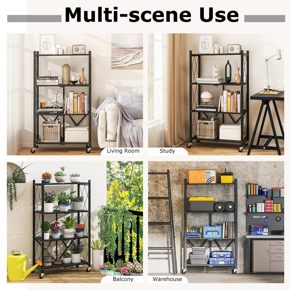 4-tier Foldable Storage Shelving Unit w/4 Universal Wheels for Kitchen Study