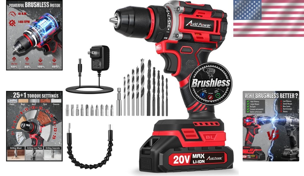 High-Torque 355 In-Lbs Brushless Drill with 2-variable Speeds & Accessories