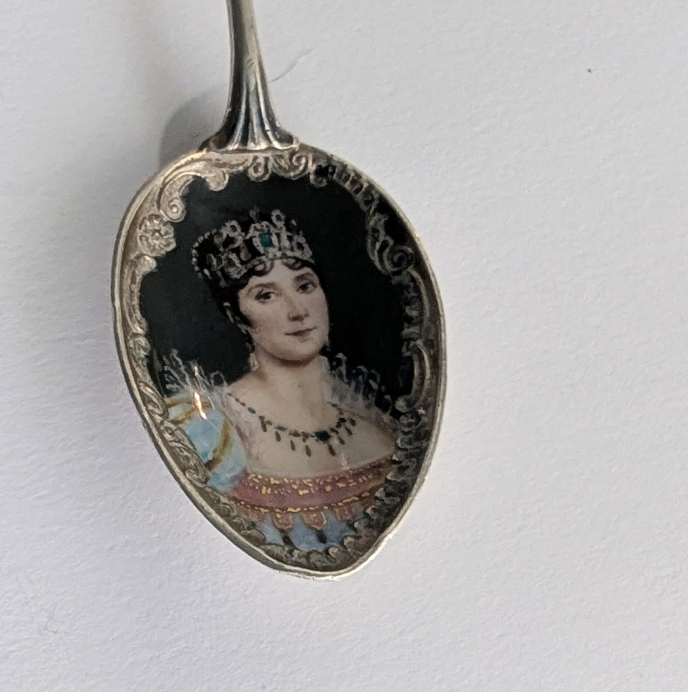 Antique 800 Silver Enamel Queen Spoon Eagle Top Josephine Signed 4.75" Tall