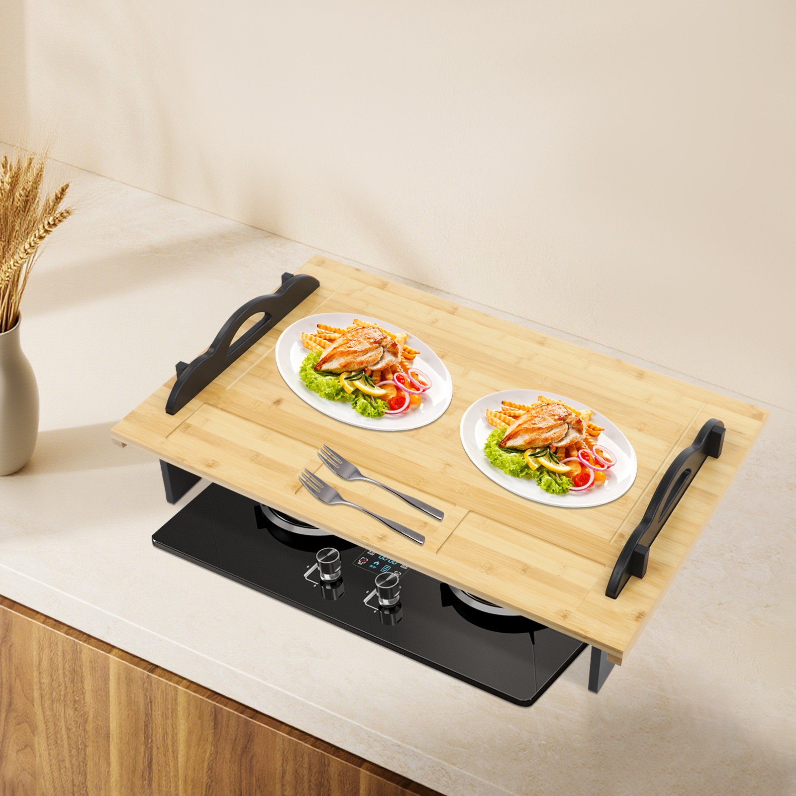 Stove Top Cover Board with Handles for Gas & Electric Stoves Wood Color New