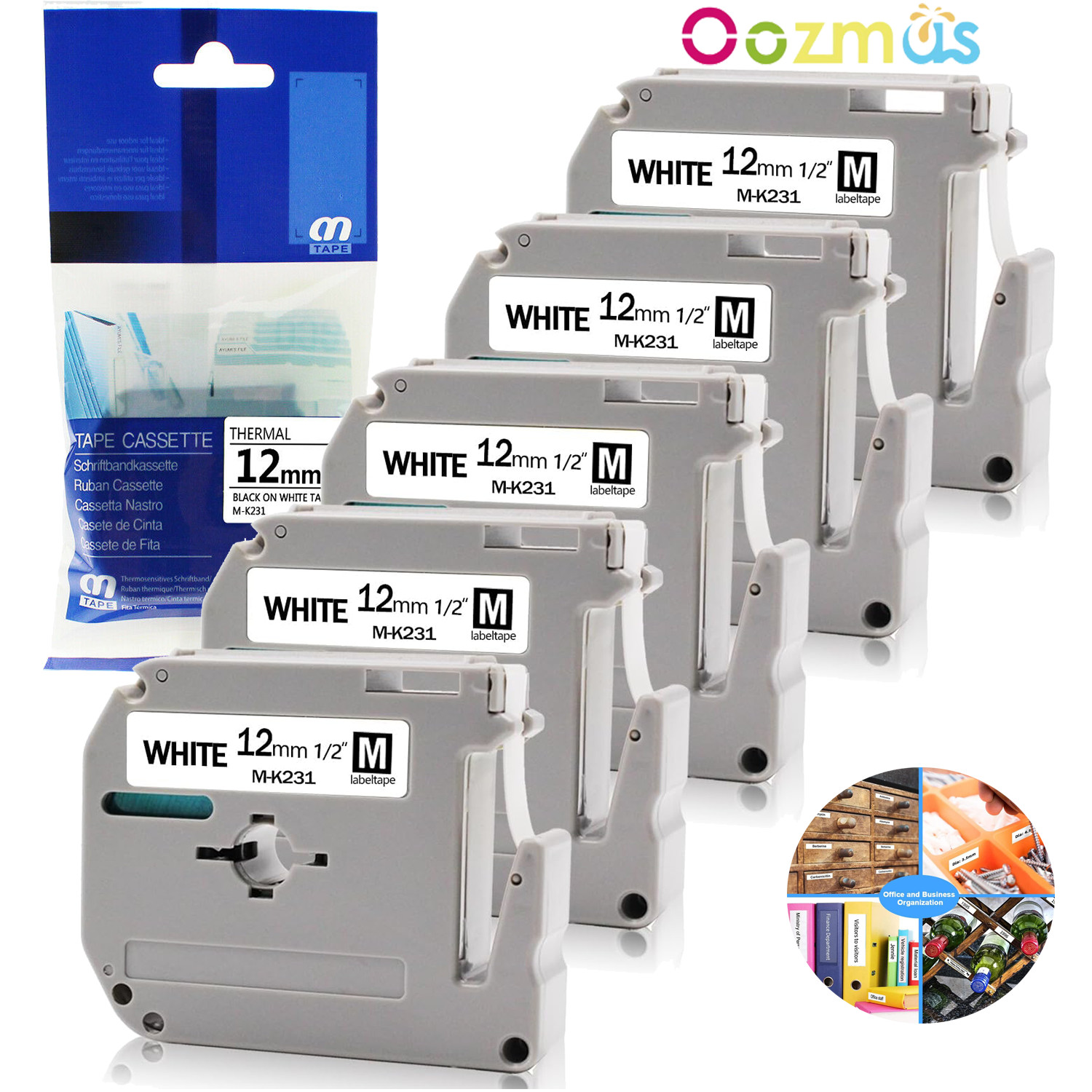 4PK Label Tape M-K231 MK231 M231 Black on White 12MM 1/2" for Brother PT-65