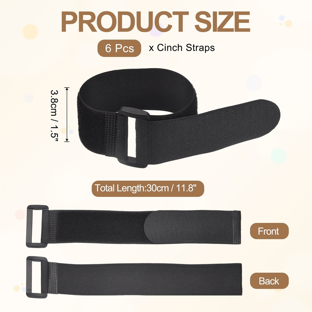 6pcs Reusable Cinch Straps 1.5"x11.8" Hook and Loop Cable Securing Straps, Black