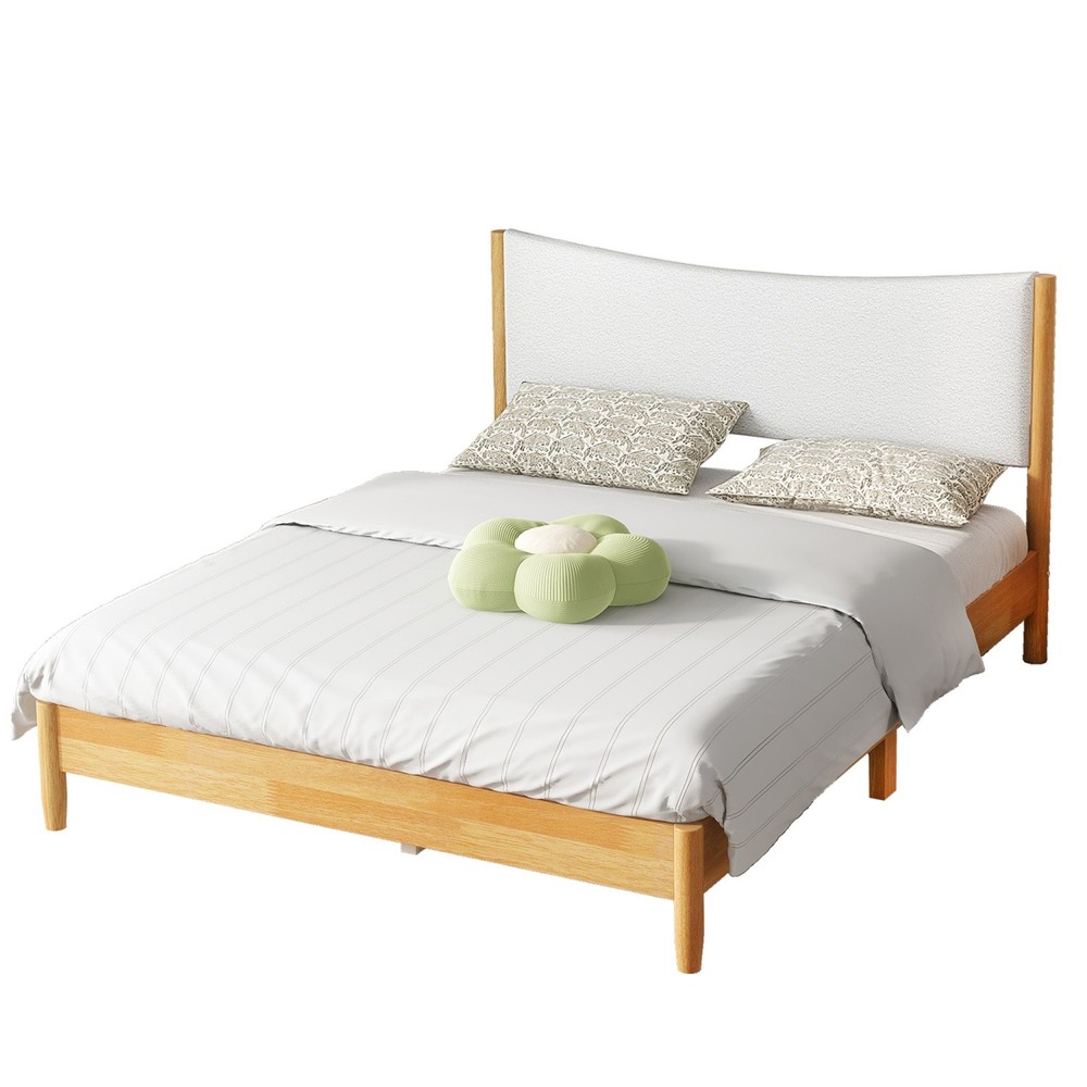 Queen Size Solid Wood Platform Bed Frame with Upholstered Headboard Natural