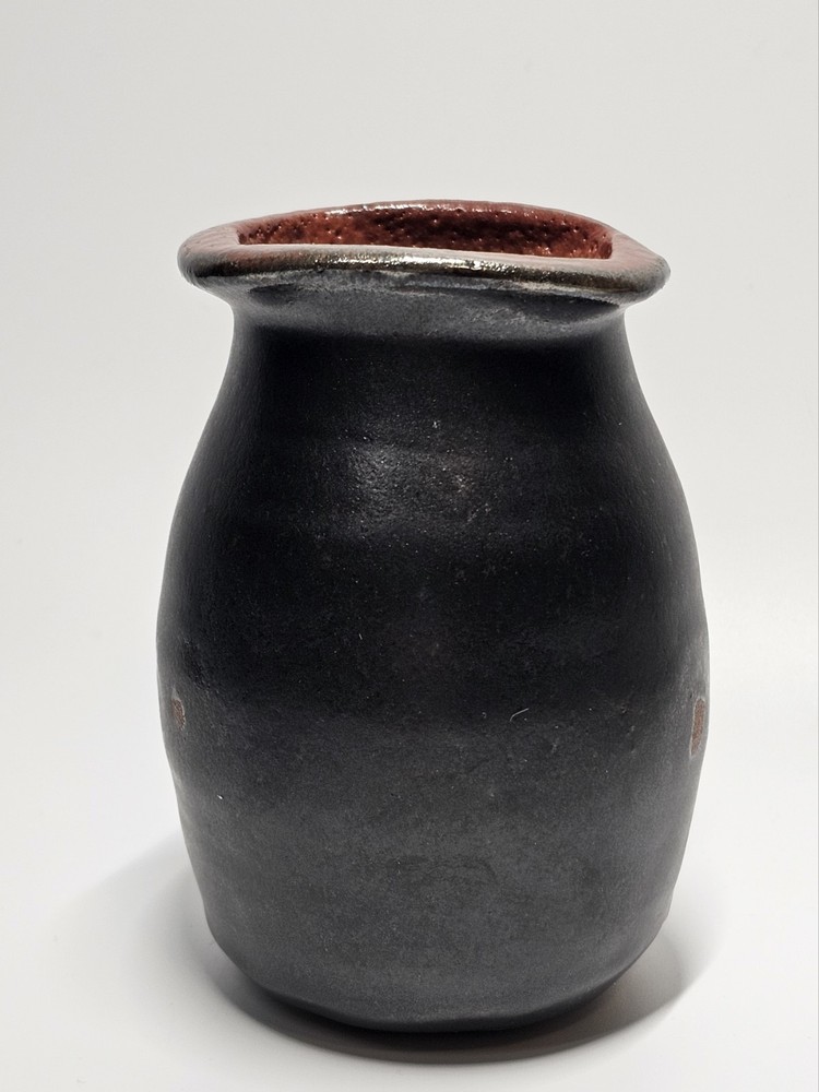 Black Ceramic Vase Brown Inside Glazed Inside & Top Signed About 4.5" High