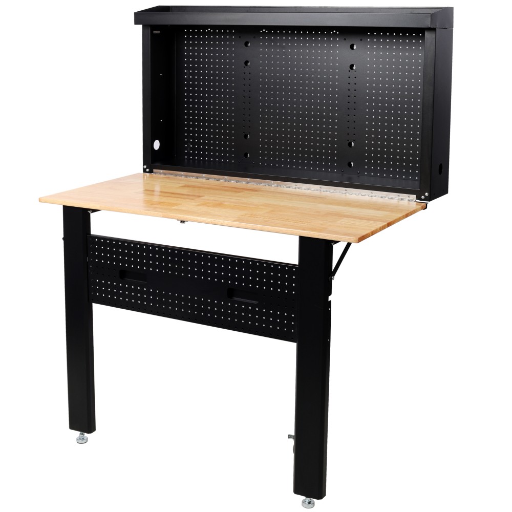 Foldable Wall Workbench w/ Rubberwood Surface & Pegboard Tool Storage