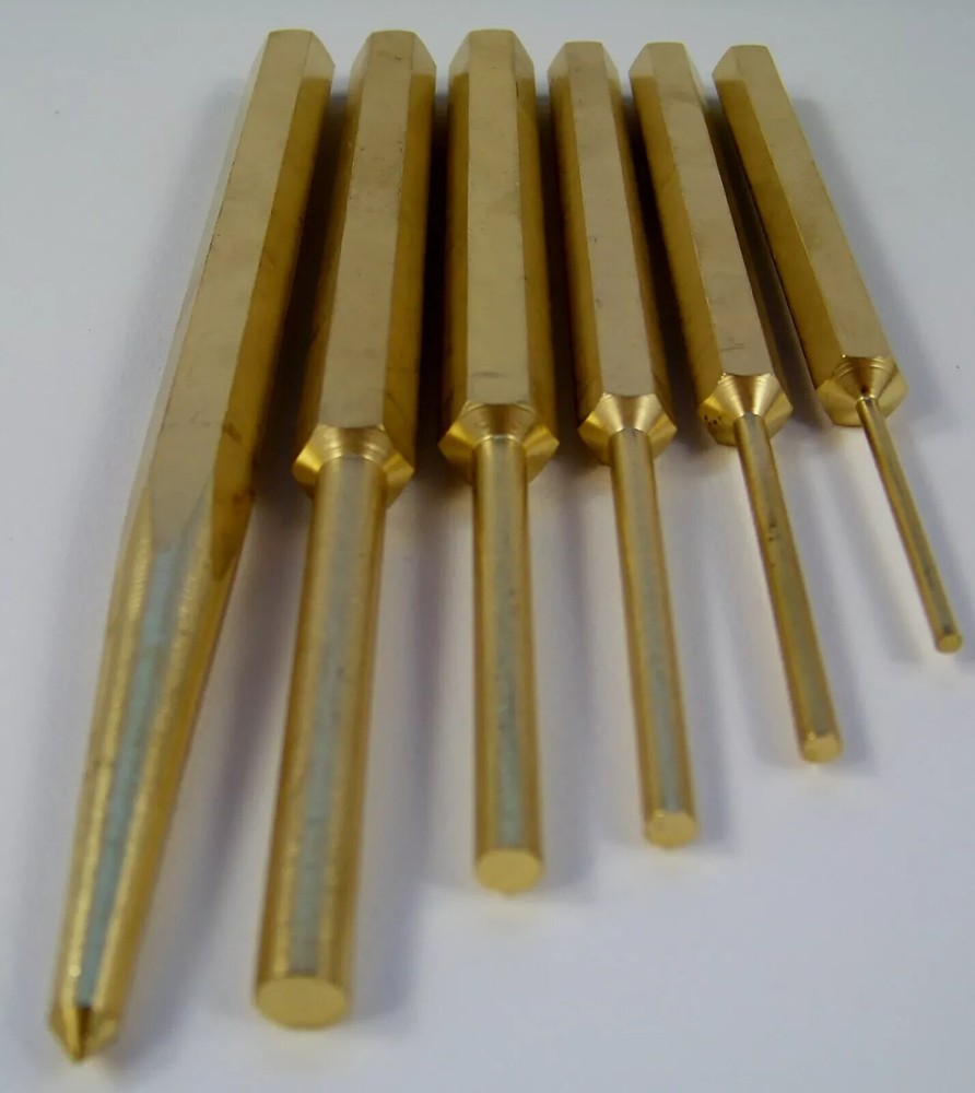 6pc SOLID BRASS PUNCH SET Center and PIN Non Sparking 5-3/4 Long Brass chisel