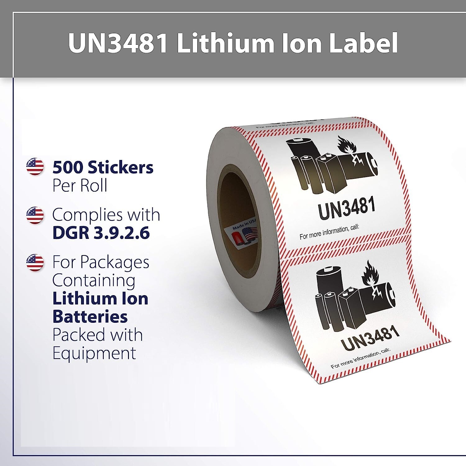 Lithium Battery UN3481 Shipping Labels, 3.25 x 4.25 Inches, 500 Labels Per Roll