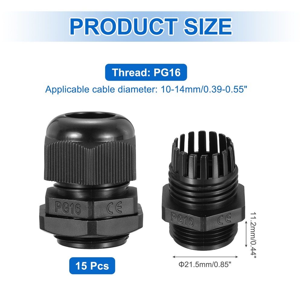 15Pcs Cable Glands 10-14mm Thread Waterproof Adjustable Cable Connector Black