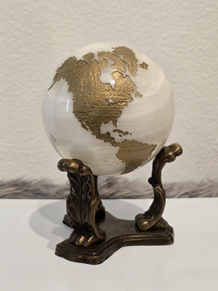 Maitland Smith Marble Stone Globe Solid White Gold With Aftermarket Base