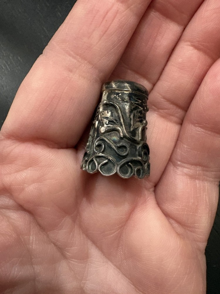 Sterling Silver Thimble Heavily Patterned Scene Design