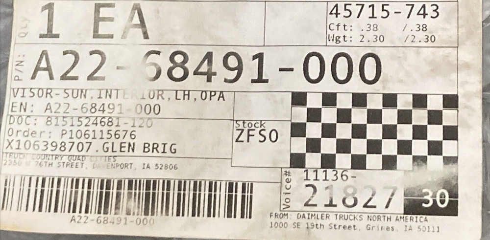 NEW FREIGHTLINER A22-68491-000 SUN VISOR OPAL GRAY LEFT