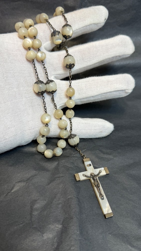 Victorian Big Rosary Filigree Silver MOP Mother Of Pearl Communion 2'' Crucifix