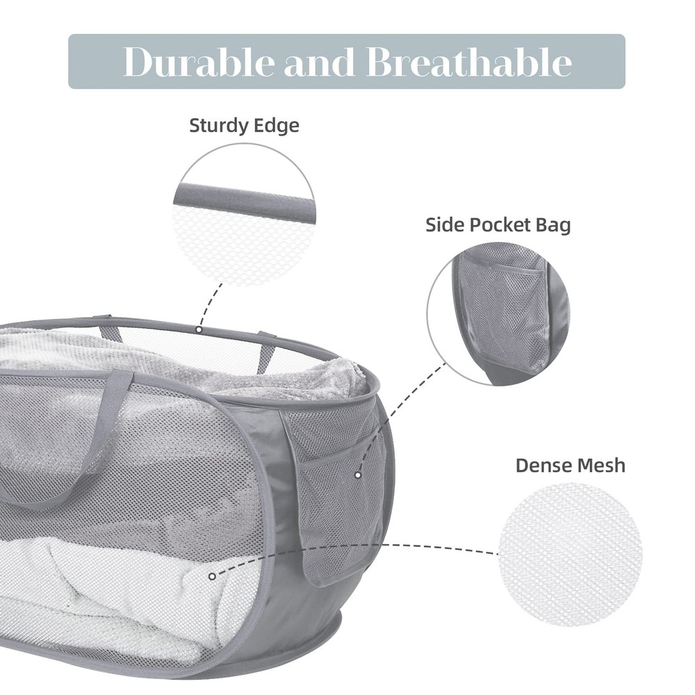Durable Collapsible Laundry Baskets, Mesh Pop Up Laundry Hamper with Side Poc...