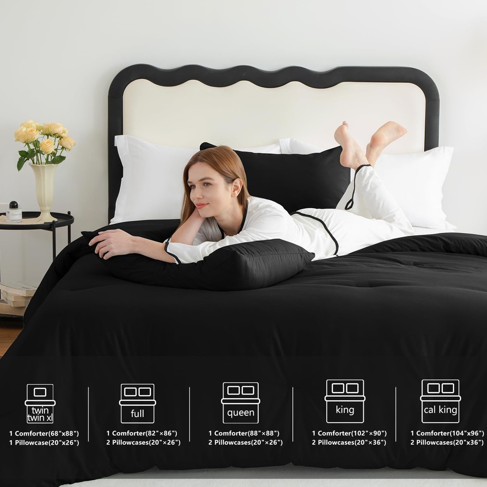 CozyLux Queen Comforter Set Black, 3 Pieces Solid Comforters Queen, Black