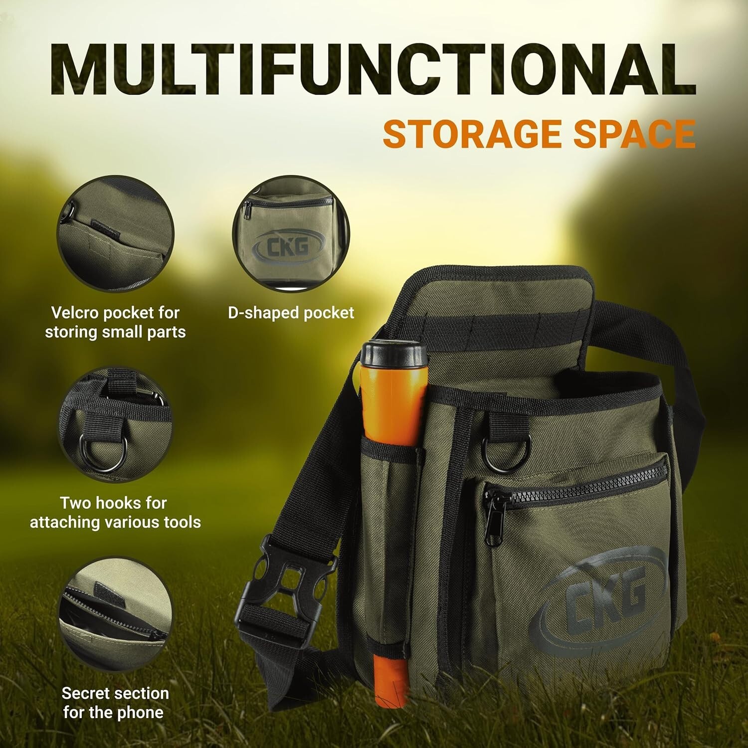 CKG Metal Detecting Finds Bag Waist Digger Tools Bag for Pinpointer, Green