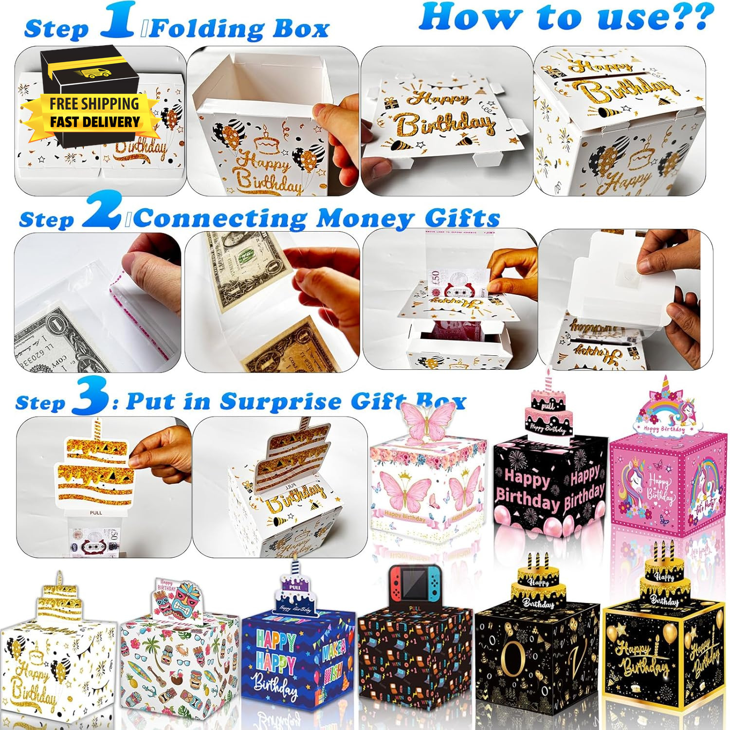 Birthday Money Box for Cash Gift Pull, Surprise Money Roll Gift Box with Pull Ou