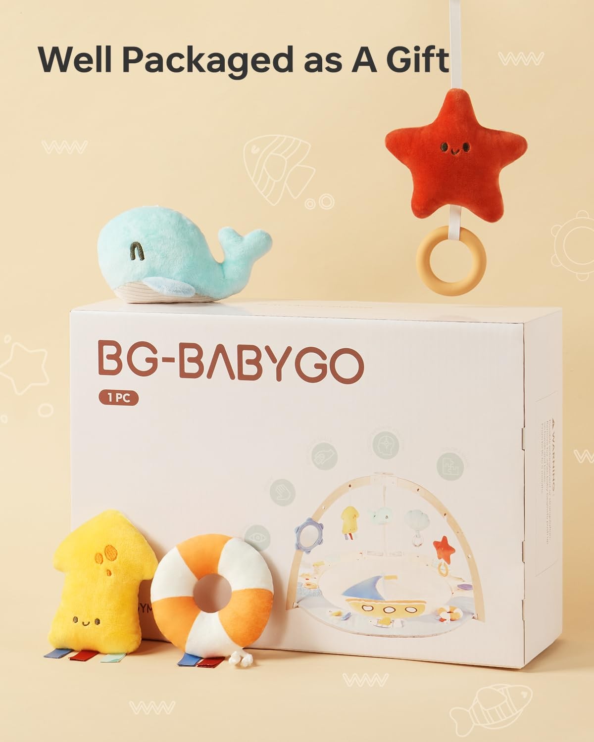 Baby Play Gym Activity Mat, 5 Developmental Zones Wooden Tummy Time Mat with ...