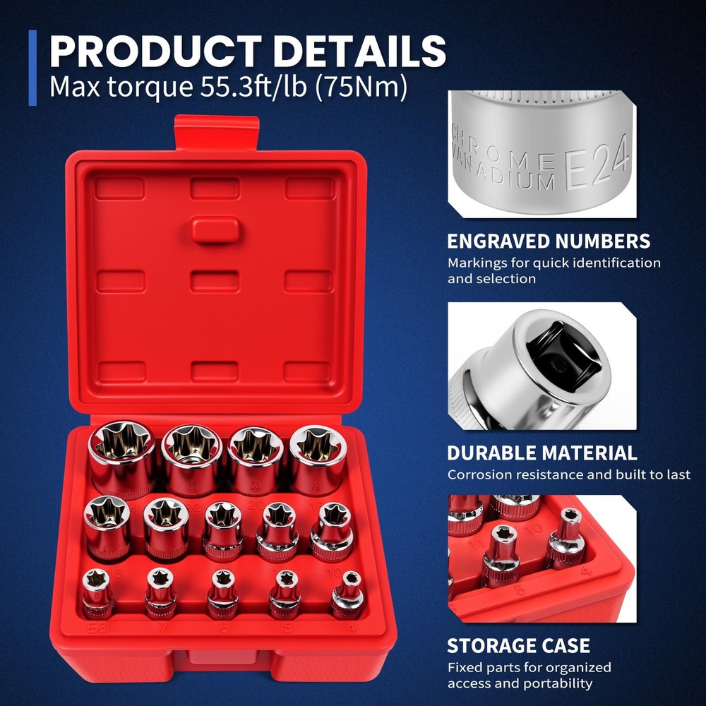 14-Piece E-Torx Star Socket Set, 1/4" 3/8" 1/2" Drive, E4 to E24 External Tor...
