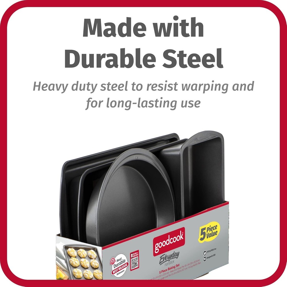 Everyday Nonstick Steel 5-Piece Bakeware Set Gray Includes Cookie Sheet Cake Pan