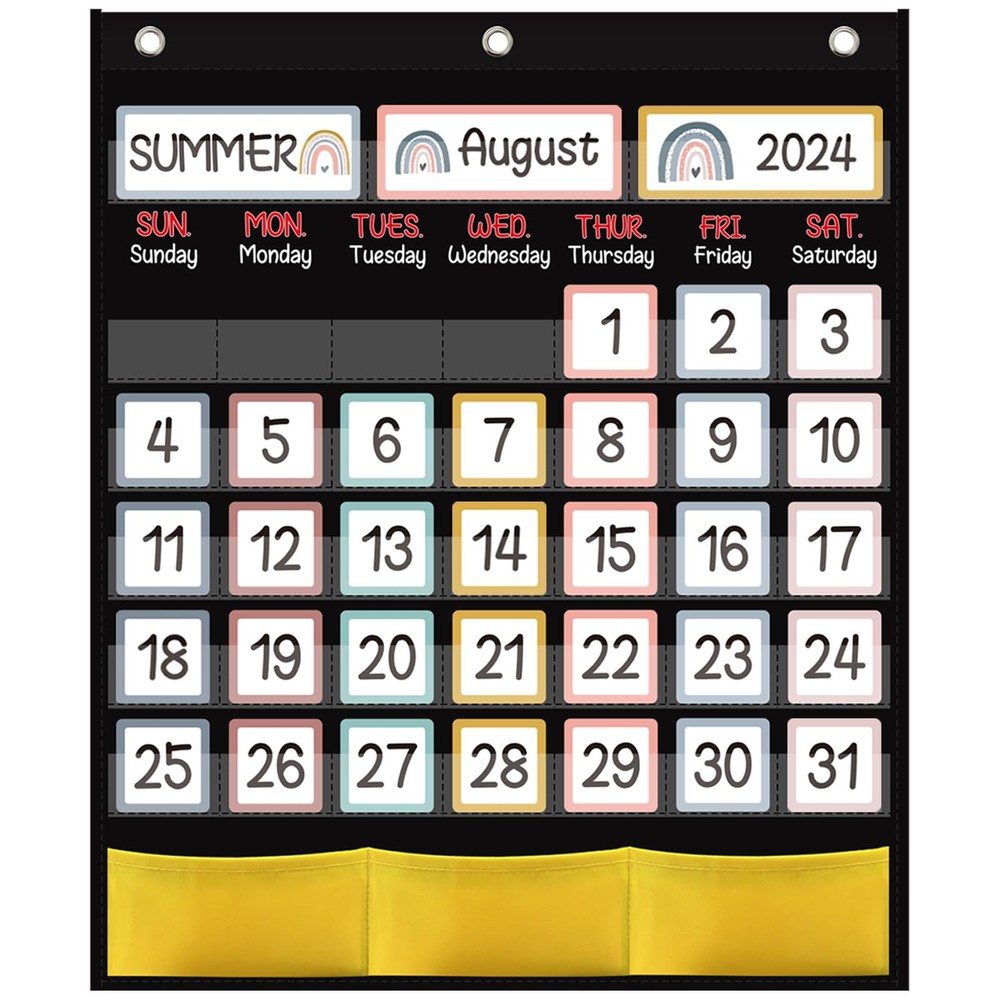 Black Classroom Calendar Pocket Chart 89 Cards Rainbow Theme for Students