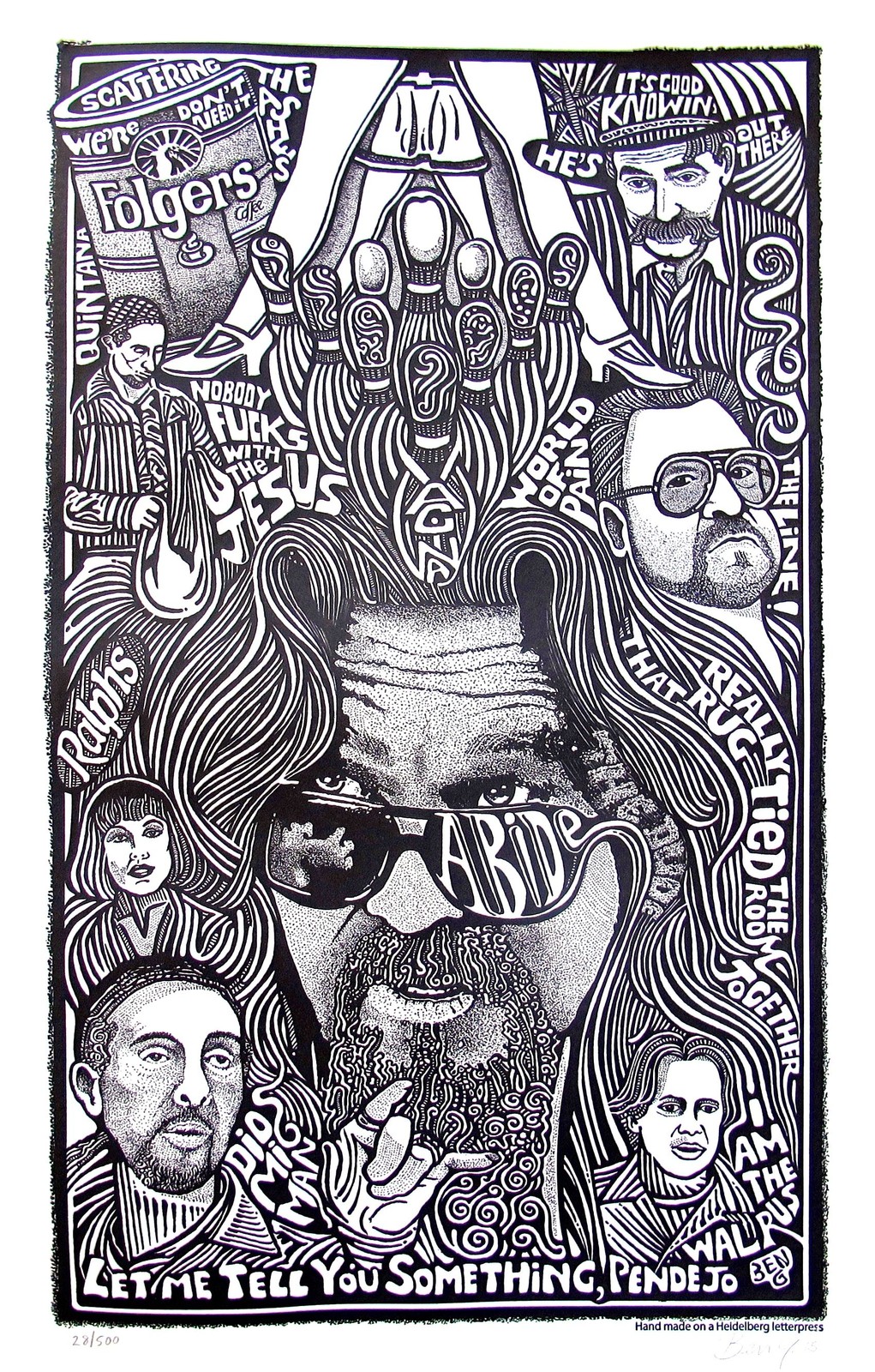 THE BIG LEBOWSKI MOVIE Hand Signed Posterography Letterpress Graffiti Art 11x17"