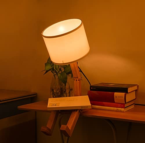 Robot Bedside Lamp, Fabric Lampshade Match Foldable Solid Wood Body, Modern